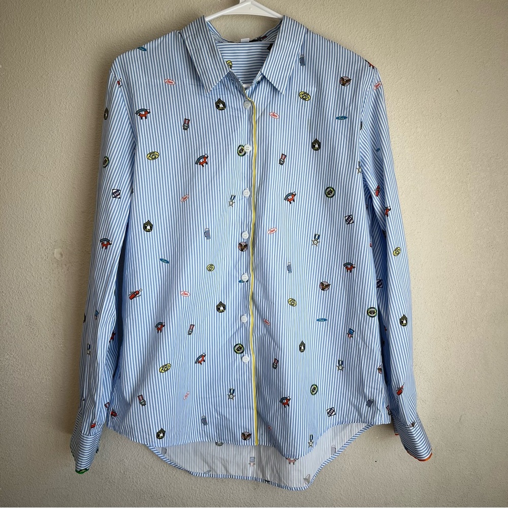 Mira Mikati Womens Button Down Shirt Sz 10 Graphic Fox Medals Multicolor Cotton